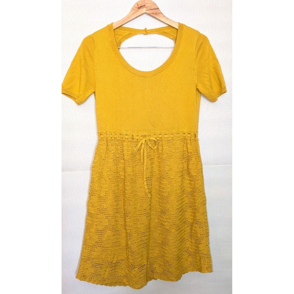 Orla  Kiely  Boho Mustard Crochet Knit Keyhole Back Dress Sz  10